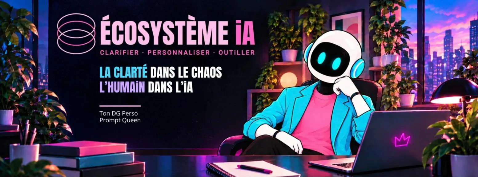 Entête du site ecosystemeia.com : logo Écosystème iA néon, slogan « La clarté dans le chaos, l’humain dans l’IA » et un robot en veston turquoise à son bureau.