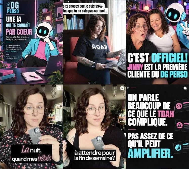 Aperçu du fil Instagram de Mama Geek : visuels Ton DG Perso, photo de Stéphanie à l’ordinateur, annonce d’une première cliente, deux reels face caméra et un carrousel sur le TDAH.