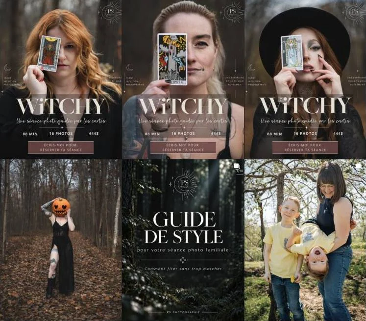 Aperçu du fil Instagram de PS Photographie : trois visuels de la séance Witchy, un portrait en forêt, un guide de style et une photo de famille.