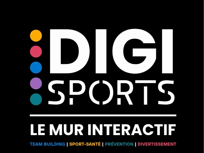 Identité visuelle de Digi-Sports : logo coloré, nom Le mur interactif et slogan.