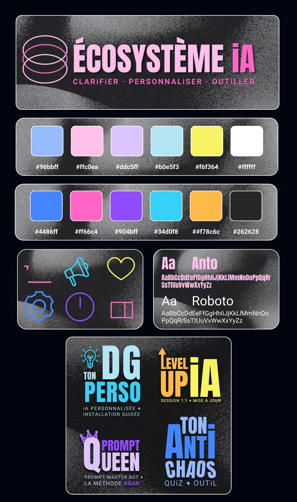 Charte graphique d’Écosystème iA : logo néon, palettes, typographies, icônes et logos des produits.