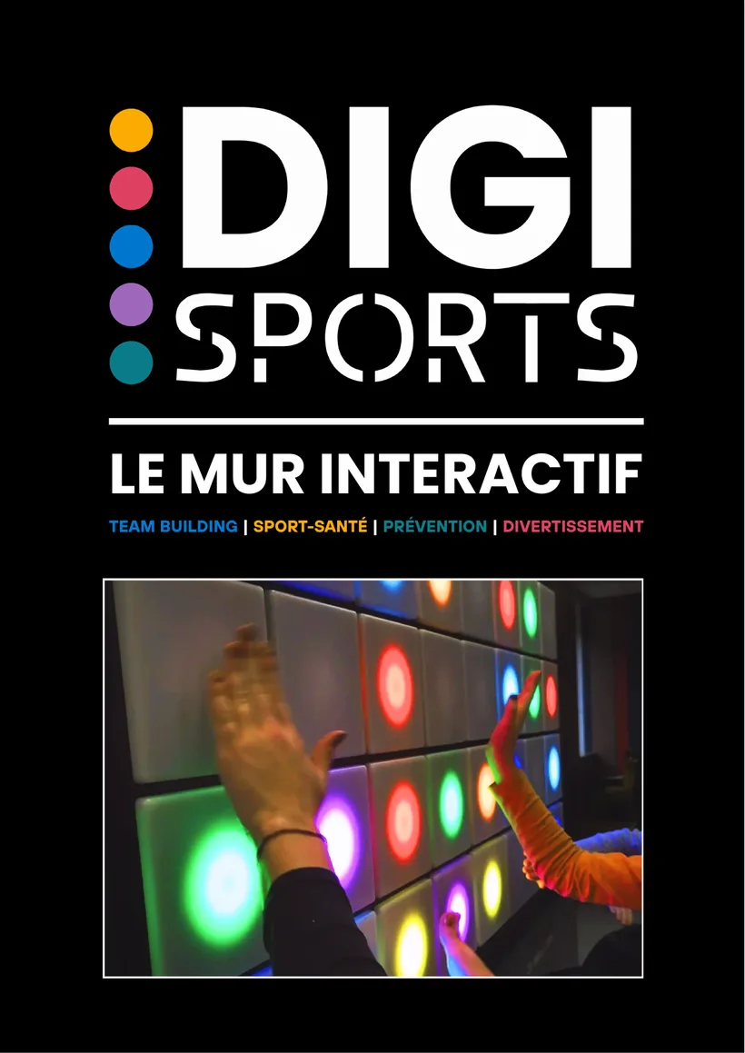 Offre de service Digi-Sports : logo coloré et photo du mur interactif lumineux.
